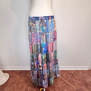 Vintage Patchwork Boho Prairie Tiered Cottage Maxi Skirt Women M Multicolor